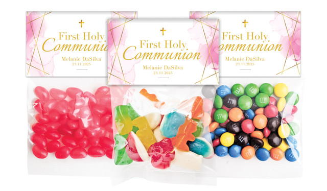 Pink Watercolour with Gold Communion Personalised Lolly Bag With Topper