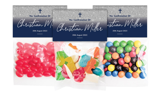 Blue and Silver glitter Confirmation Personalised Lolly Bag With Topper