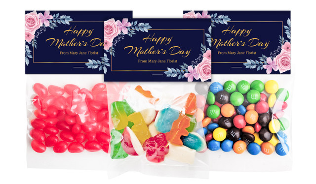 Pink Roses On Navy Mothers Day Personalised Lolly Bag With Topper