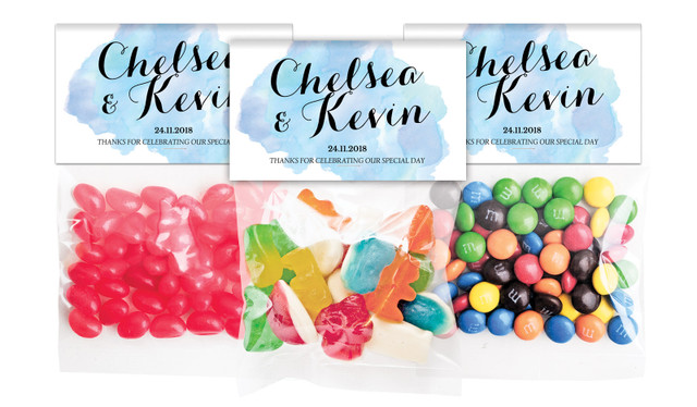 A Splash Of Watercolour Blue Wedding Personalised Lolly Bag With Topper