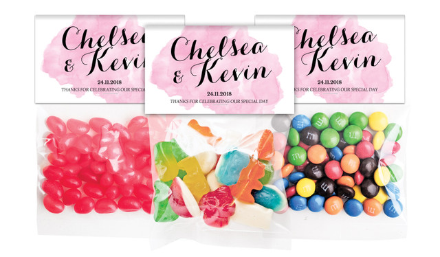 A Splash Of Watercolour Pink Wedding Personalised Lolly Bag With Topper