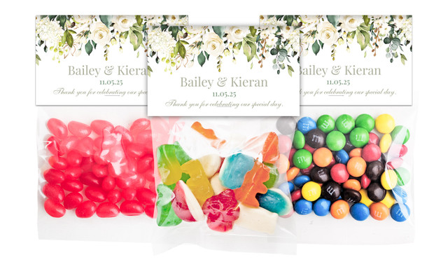 White Roses Hanging Wedding Personalised Lolly Bag With Topper