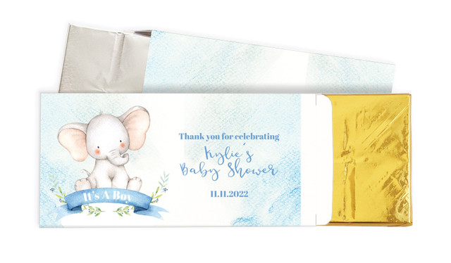 Sitting Elephant Blue Baby Shower Personalised Chocolate Bar In A Box
