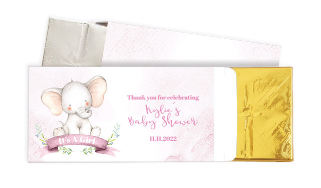 Sitting Elephant Pink Baby Shower Personalised Chocolate Bar In A Box