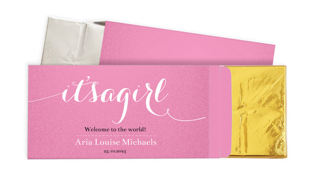 Flowing Words Girls Birth Announcement Personalised Chocolate Bar In A Box