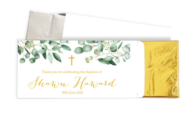 Gum Leaves & Gold Christening Personalised Chocolate Bar In A Box