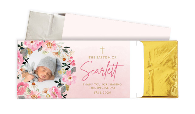 Photo On Floral Frame Christening Personalised Chocolate Bar In A Box