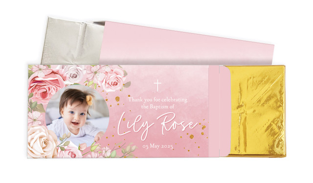 Pink Roses Christening Personalised Chocolate Bar In A Box
