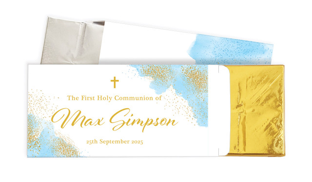 Gold Sparkle on Blue Communion Personalised Chocolate Bar In A Box