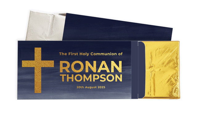 Navy Blue Watercolour Communion Personalised Chocolate Bar In A Box