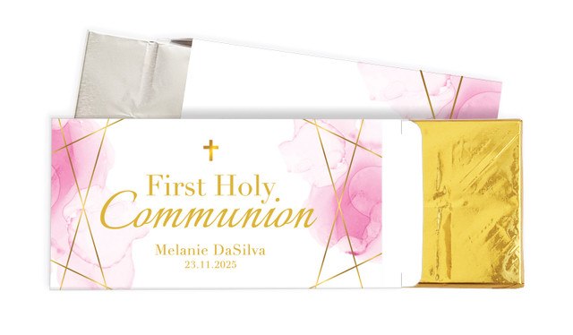 Pink Watercolour with Gold Communion Personalised Chocolate Bar In A Box