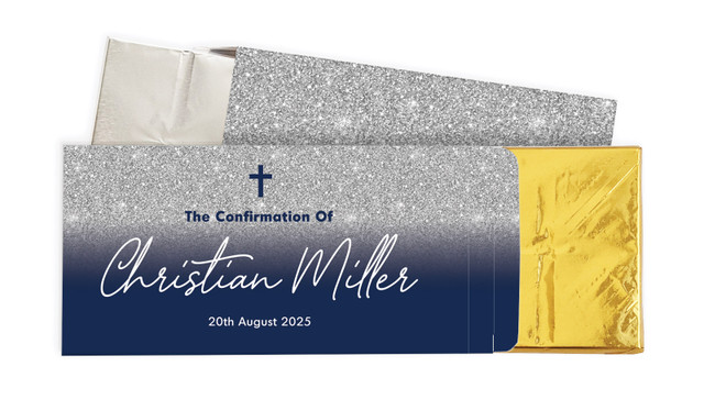 Blue and Silver glitter Confirmation Personalised Chocolate Bar In A Box