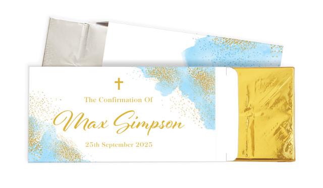 Gold Sparkle on Blue Confirmation Personalised Chocolate Bar In A Box