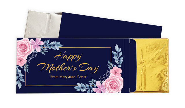 Pink Roses On Navy Mothers Day Personalised Chocolate Bar In A Box