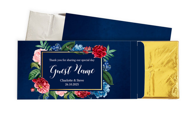 Floral Frame On Navy Wedding Personalised Chocolate Bar In A Box