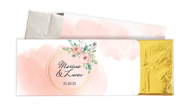 Gold Rings On Peach Wedding Personalised Chocolate Bar In A Box