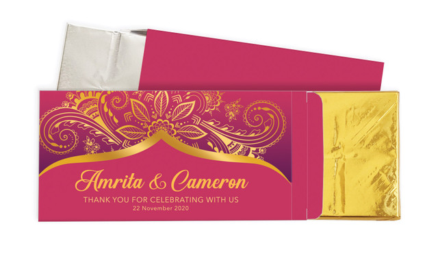 Regal Pink And Gold Wedding Personalised Chocolate Bar In A Box