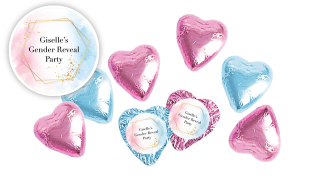 Hexagon Gender Reveal Personalised Foil Chocolate Hearts