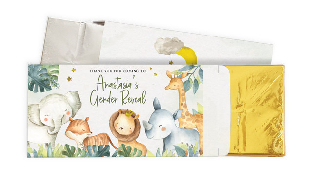 Animals On Safari Gender Reveal Personalised Chocolate Bar In A Box