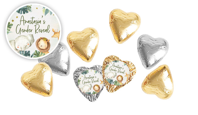 Animals On Safari Gender Reveal Personalised Foil Chocolate Hearts