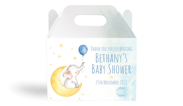 Elephant Moon Blue Baby Shower Personalised Gable Favour Box