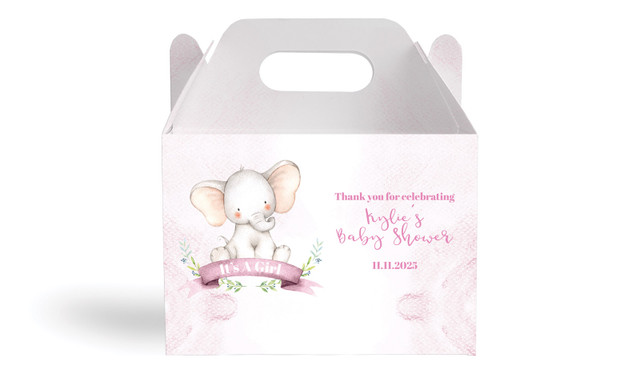 Sitting Elephant Pink Baby Shower Personalised Gable Favour Box