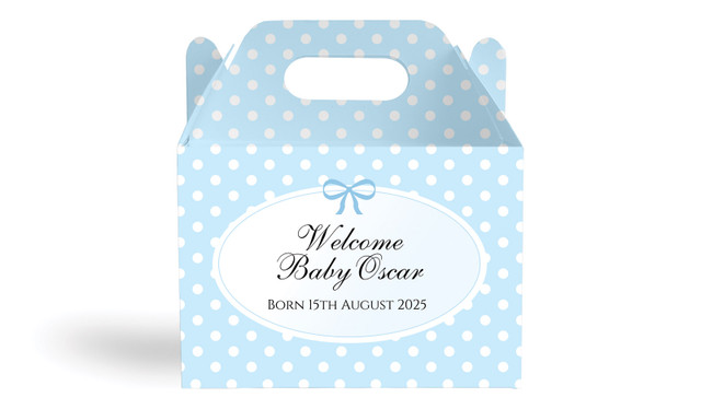 Polkadot Blue Birth Announcement Personalised Gable Favour Box