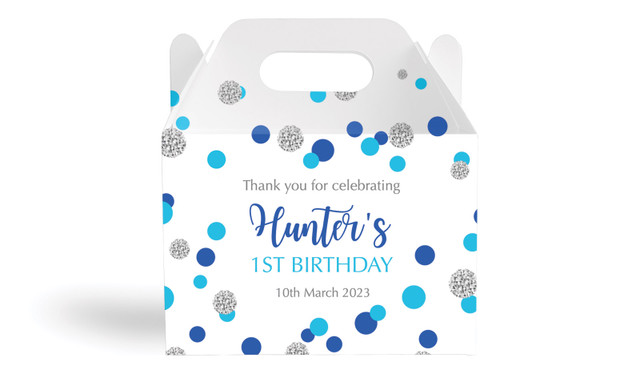 Confetti Blue And Silver Kids Party Personalised Gable Favour Box