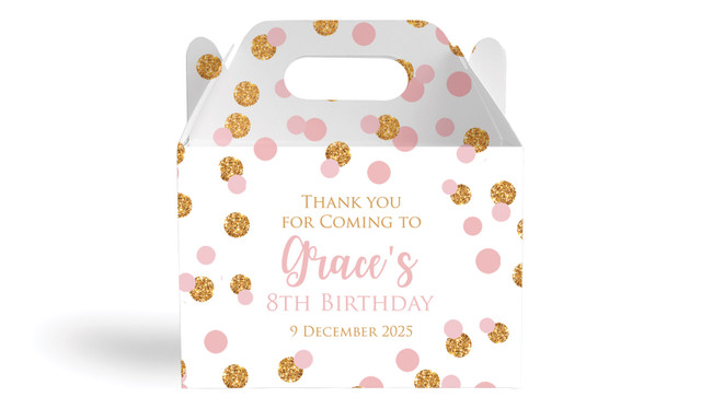 Confetti Pink And Gold Kids Party Personalised Gable Favour Box