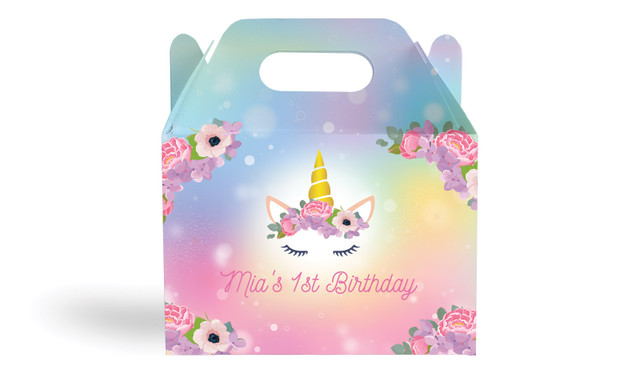 Sparkle Unicorn Kids Party Personalised Gable Favour Box
