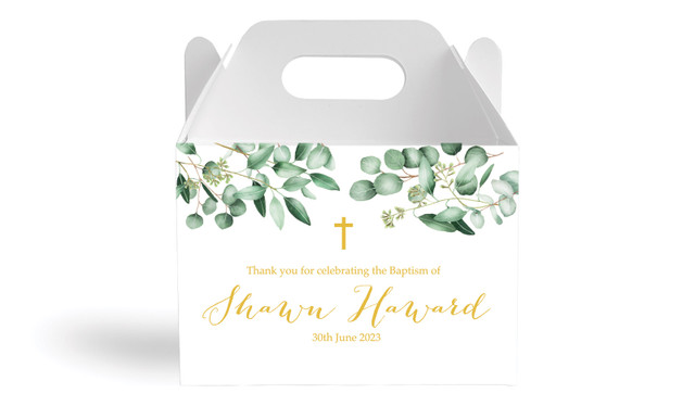 Gum Leaves & Gold Christening Personalised Gable Favour Box