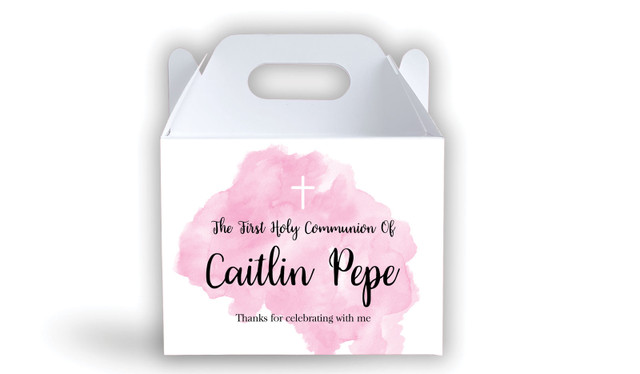 A Splash Of Watercolour Pink Communion Personalised Gable Favour Box