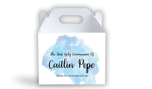 A Splash Of Watercolour Blue Communion Personalised Gable Favour Box