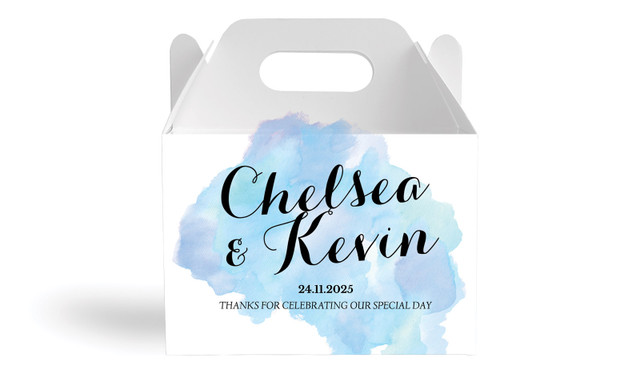 A Splash Of Watercolour Blue Wedding Personalised Gable Favour Box