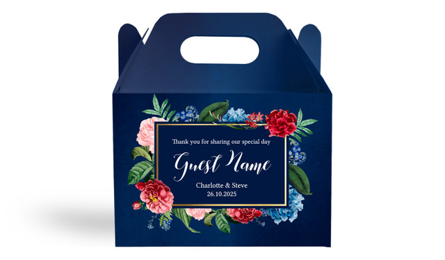 Floral Frame On Navy Wedding Personalised Gable Favour Box