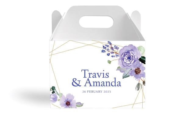 Violets On Gold Frame Wedding Personalised Gable Favour Box