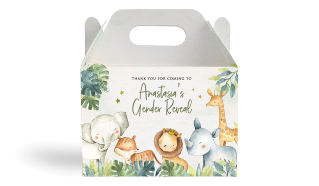 Animals On Safari Gender Reveal Personalised Gable Favour Box
