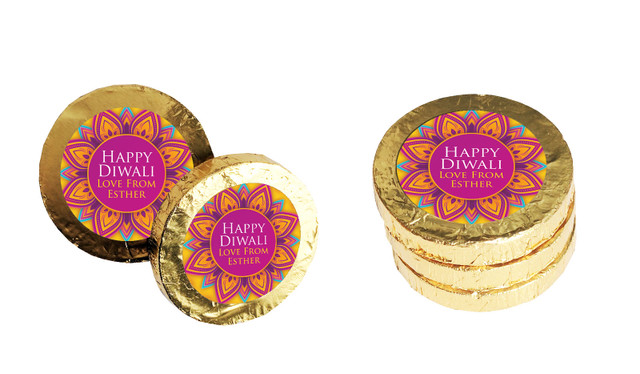 Yellow And Purple Diwali Personalised Chocolate Coin