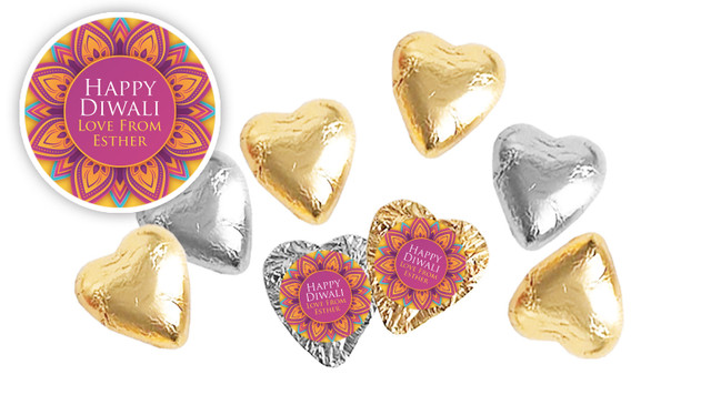 Yellow And Purple Diwali Personalised Foil Chocolate Hearts
