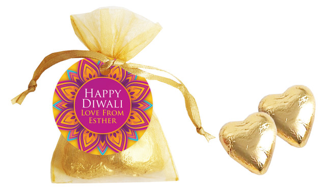 Yellow And Purple Diwali Personalised Organza Bag
