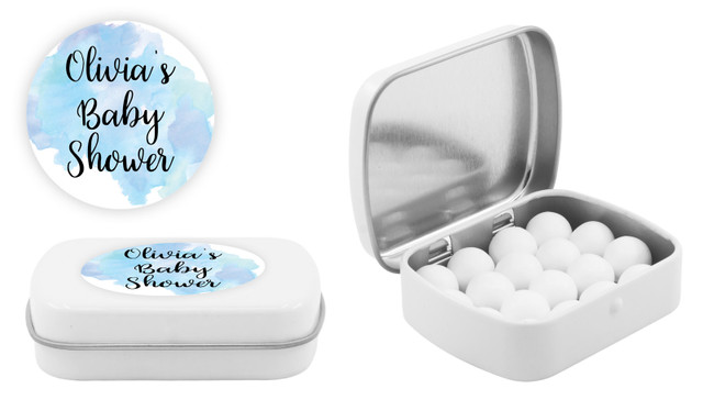 A Splash Of Watercolour Blue Baby Shower Personalised Mint Tins