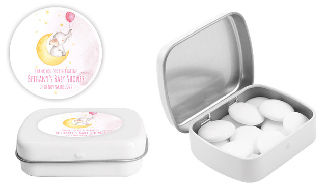 Elephant Moon Pink Baby Shower Personalised Mint Tins