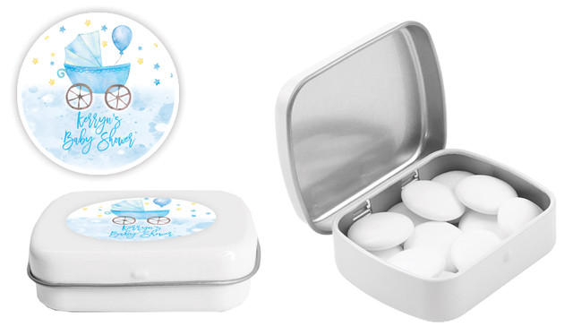 Pram Blue Baby Shower Personalised Mint Tins