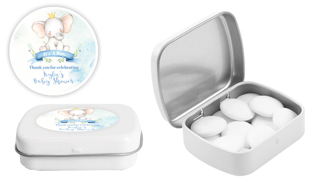 Sitting Elephant Blue Baby Shower Personalised Mint Tins