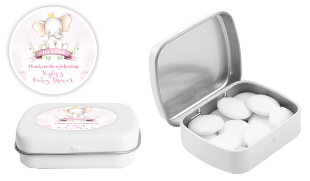 Sitting Elephant Pink Baby Shower Personalised Mint Tins
