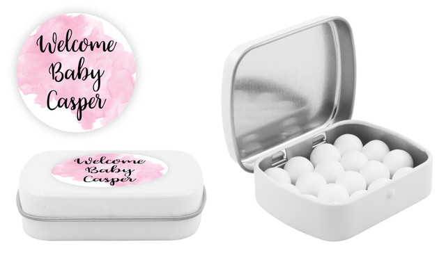A Splash Of Watercolour Pink Birth Announcement Personalised Mint Tins
