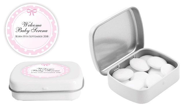 Polkadot Pink Birth Announcement Personalised Mint Tins