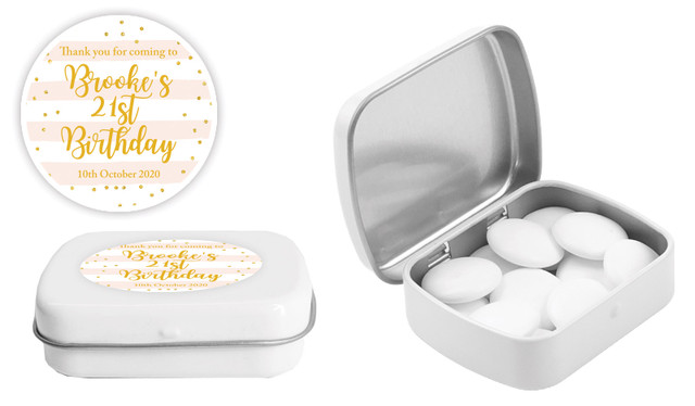 Striped Gold Confetti Personalised Mint Tins