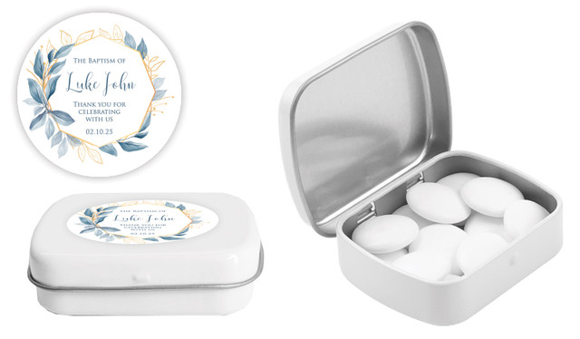 Blue Leaves Christening Personalised Mint Tins