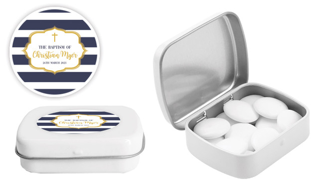 Bold Stripe And Gold Christening Personalised Mint Tins